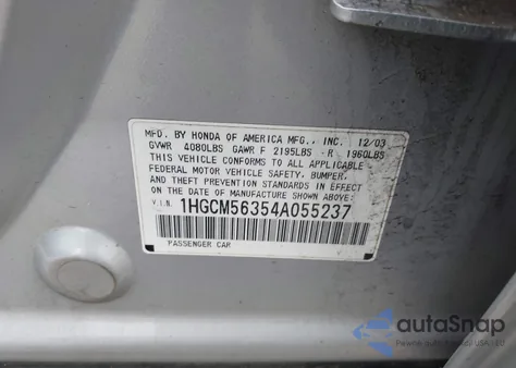 2004 Honda Accord 2.4 Lx z USA, uszkodzony, nr VIN 1HGCM56354A055237